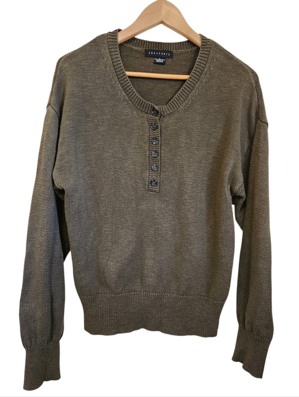 Sanctuary Partial Button Crew Neck Long Sleeve Cotton Sweater Army Green Sz LG